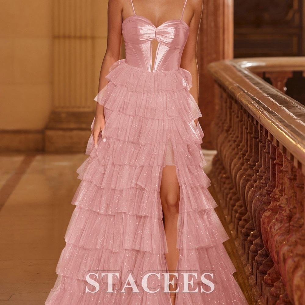 Pink Layered Tulle Prom Dress